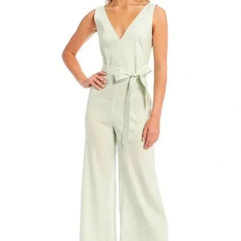 ANTONIO MELANI Linen Blend V Neck Sleeveless Tie‎ Waist Jumpsuit Mint Size 10